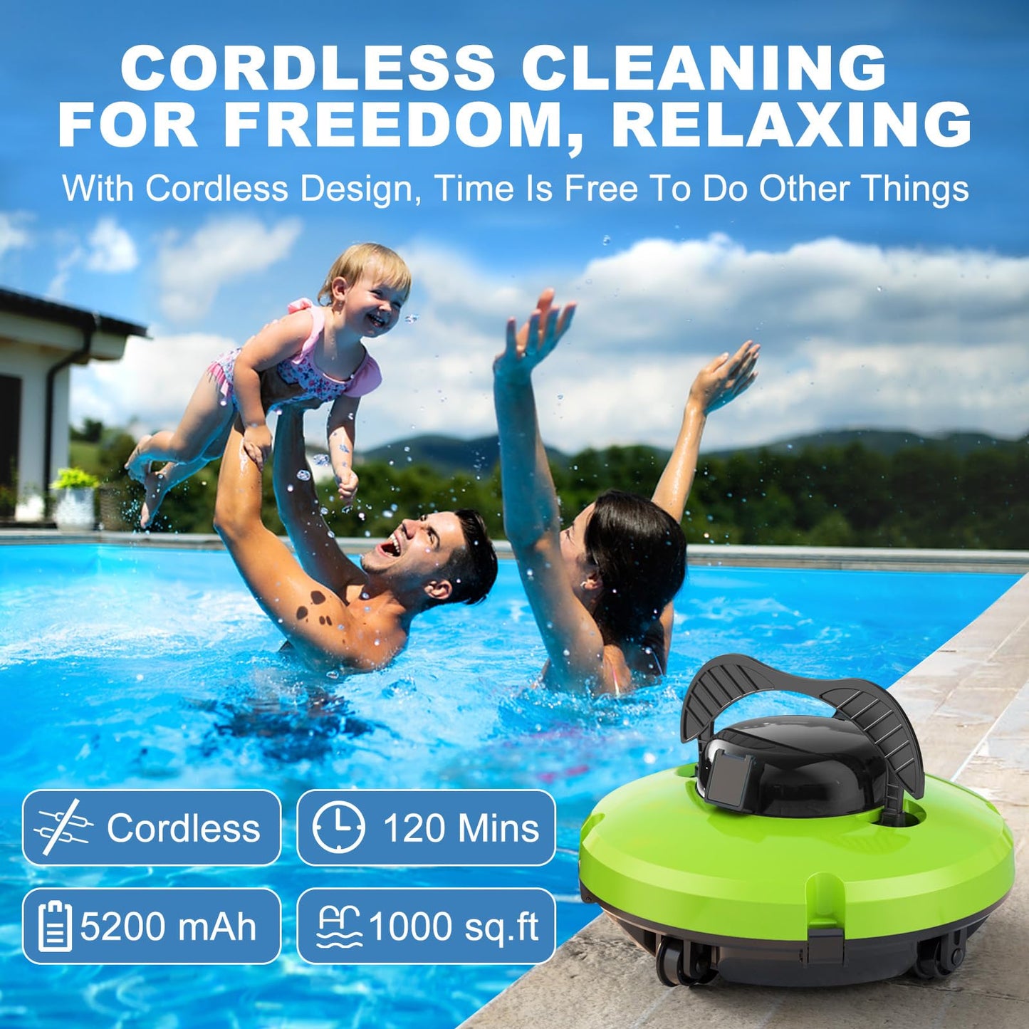 2024 Upgraded Cordless Robot Pool Vacuum for Above Ground Pool, Automatic Robotic Pool Cleaner 2 Motor & Suction Swimming Pool Cleaner for In Ground Pool Up to 1000 Sq.Ft (120 Mins) Green