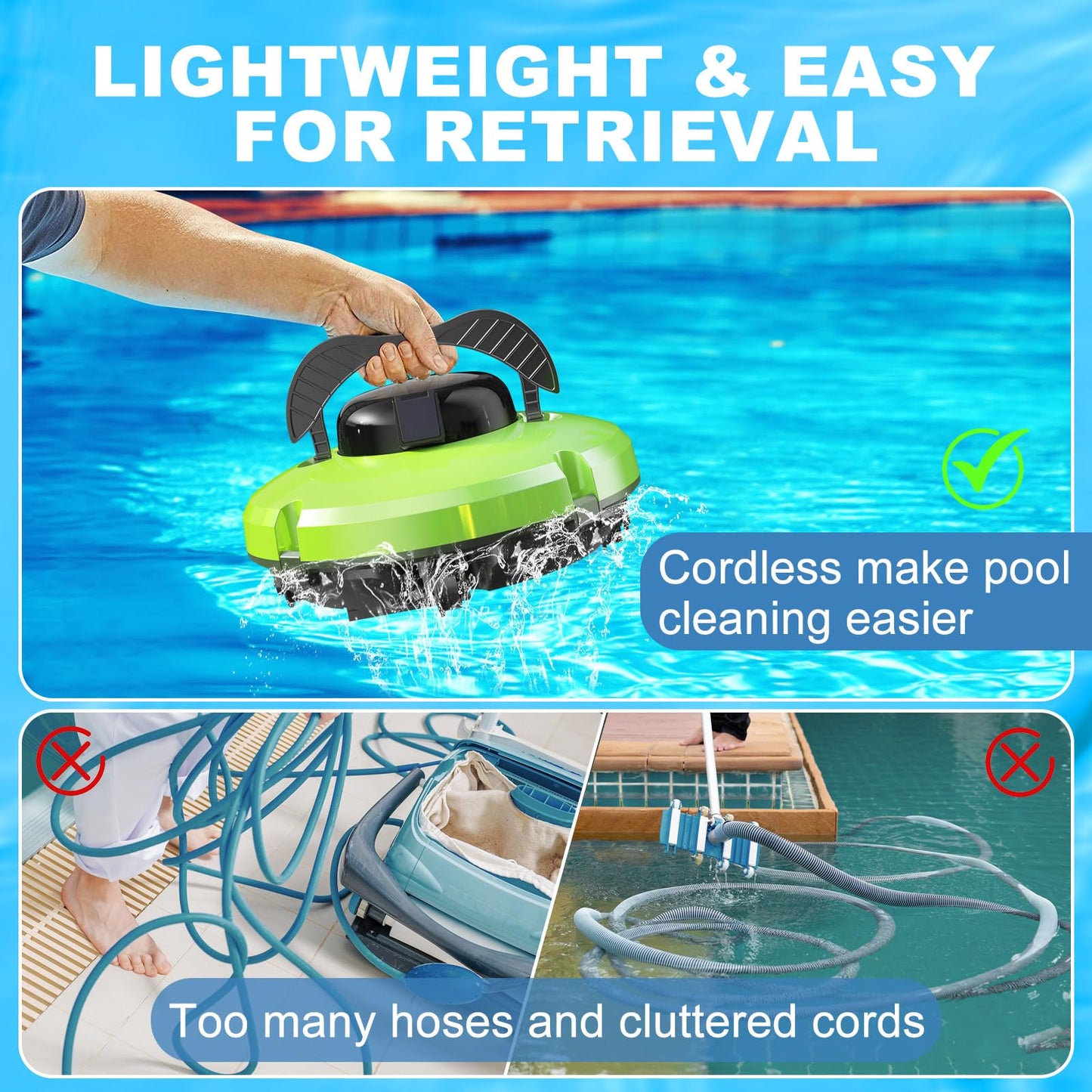 2024 Upgraded Cordless Robot Pool Vacuum for Above Ground Pool, Automatic Robotic Pool Cleaner 2 Motor & Suction Swimming Pool Cleaner for In Ground Pool Up to 1000 Sq.Ft (120 Mins) Green