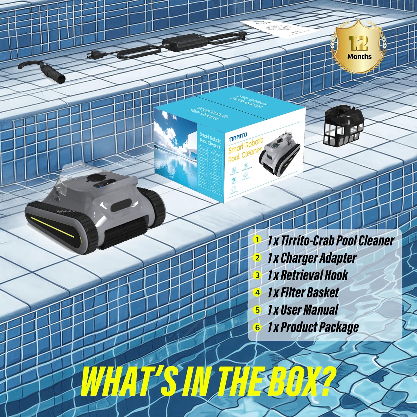 (2024 New) Crab Cordless Robotic Pool Cleaner，Wall-Climbing， Automatic Pool Cleaner，Pool Vacuum for Inground Pools